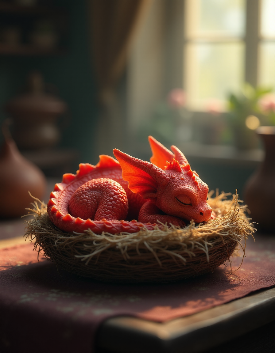 AI generated: FLUX prompt: [A tiny red dragon sleeps curled up in a nest on a... (FLUX - Character Design)