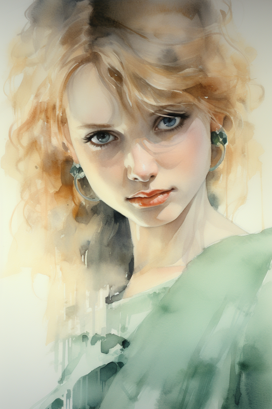 AI generated: Midjourney prompt: This is a stunning watercolor portrait of a young ... (Midjourney - Concept Art)