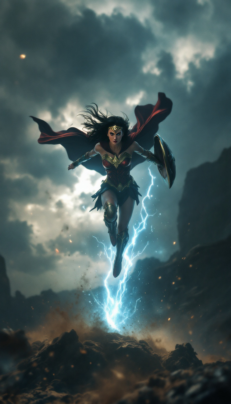 FLUX prompt: Epic slow-motion scene of a young female superhero... - FLUX
