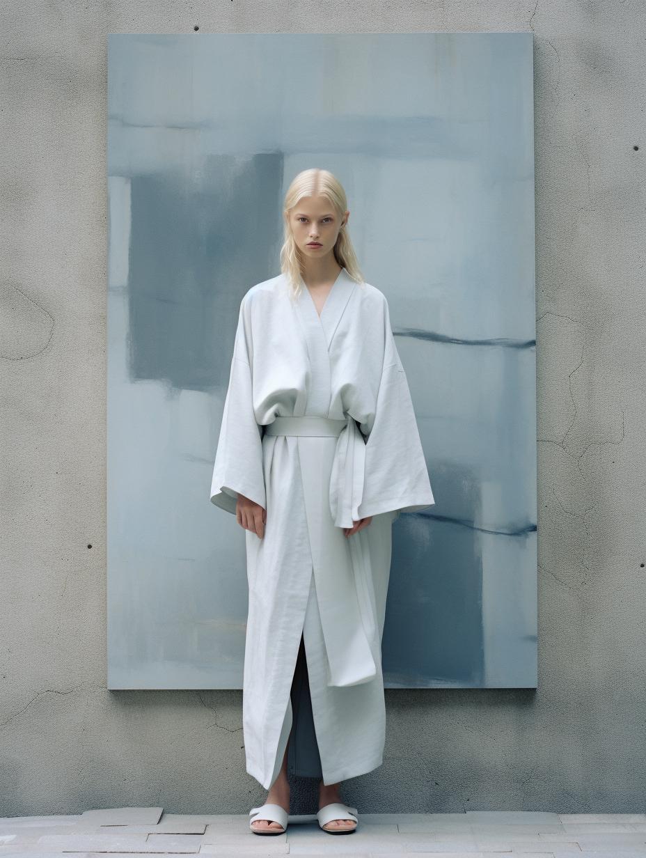AI generated: Midjourney prompt: a woman in a kimono standing in front of a stone w... (Midjourney - Fashion)
