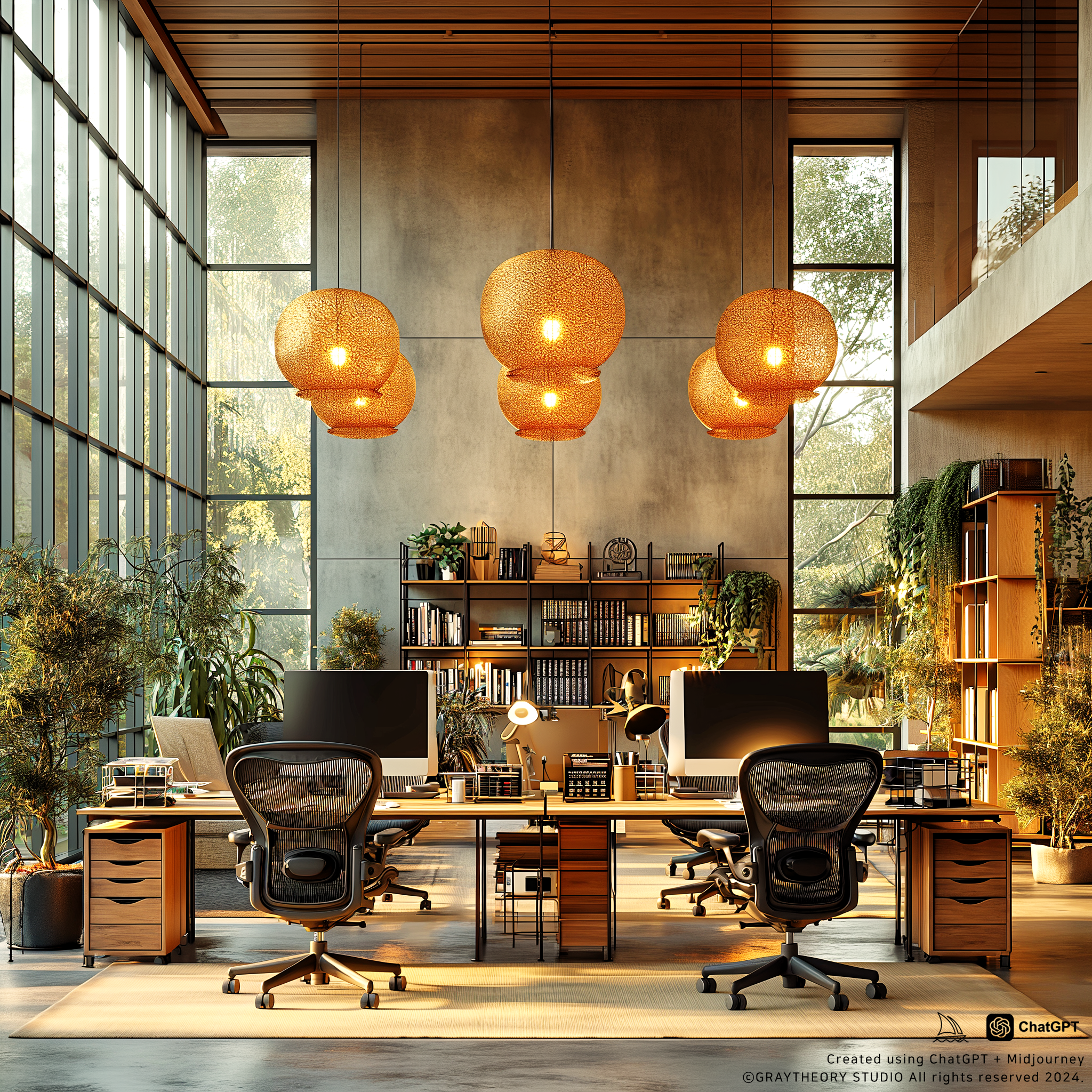 صورة مولدة بالذكاء الاصطناعي: Midjourney prompt: Spacious office with frontal view, Herman Miller A... (نموذج Midjourney - تصميم داخلي)