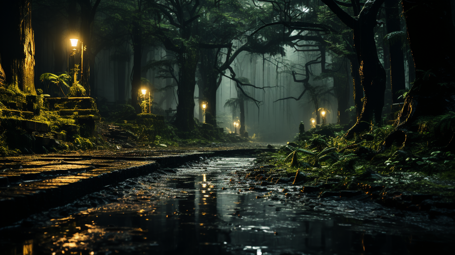 صورة مولدة بالذكاء الاصطناعي: Midjourney prompt: A beautiful forest with tall trees and lush foliag... (نموذج Midjourney - مناظر طبيعية)