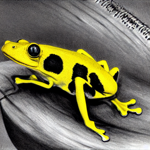 Stable Diffusion prompt: small yellow dart frog, chilling...