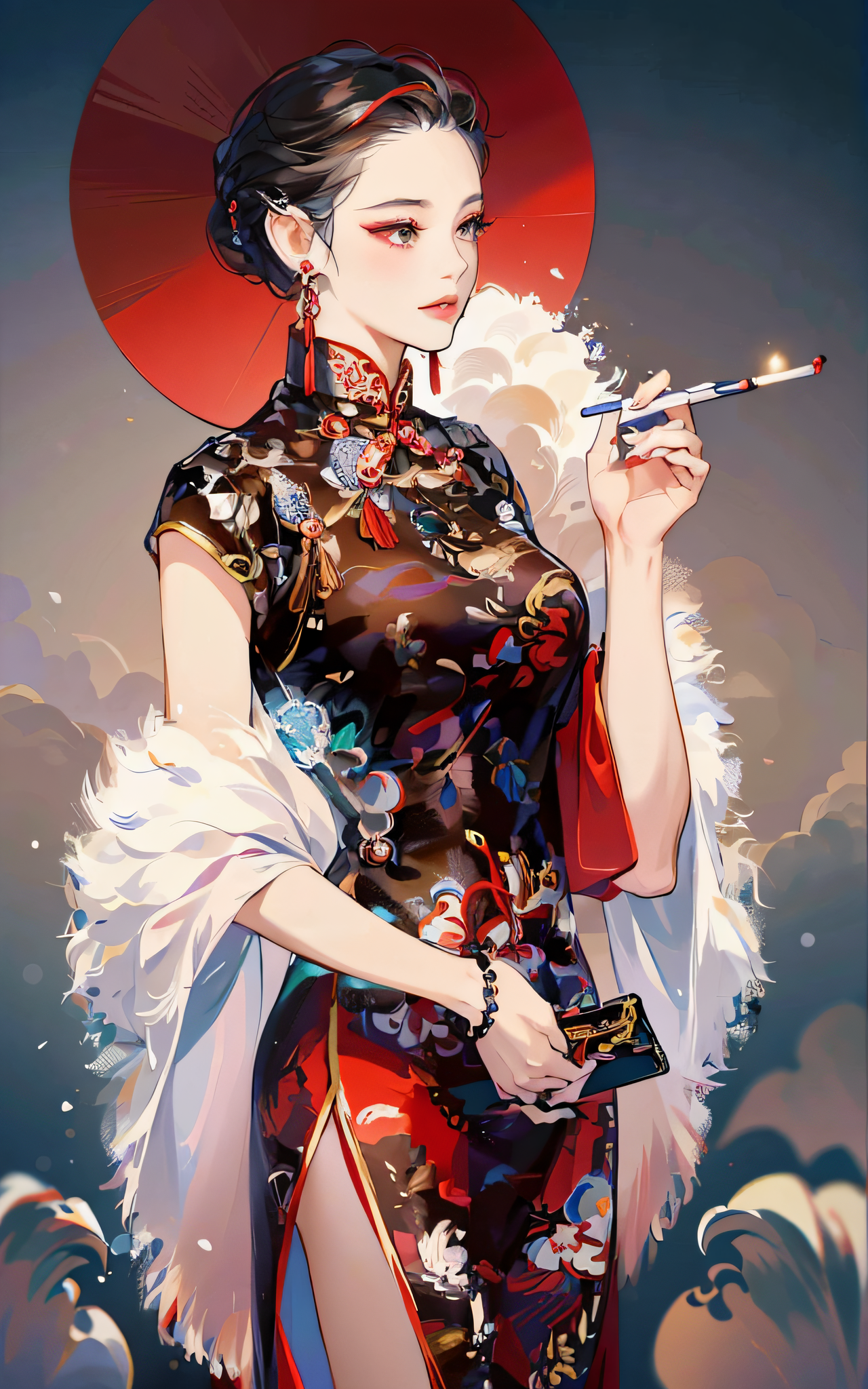 MeinaMix prompt: a close up of a woman in a dress holding a cigaret... - MeinaMix