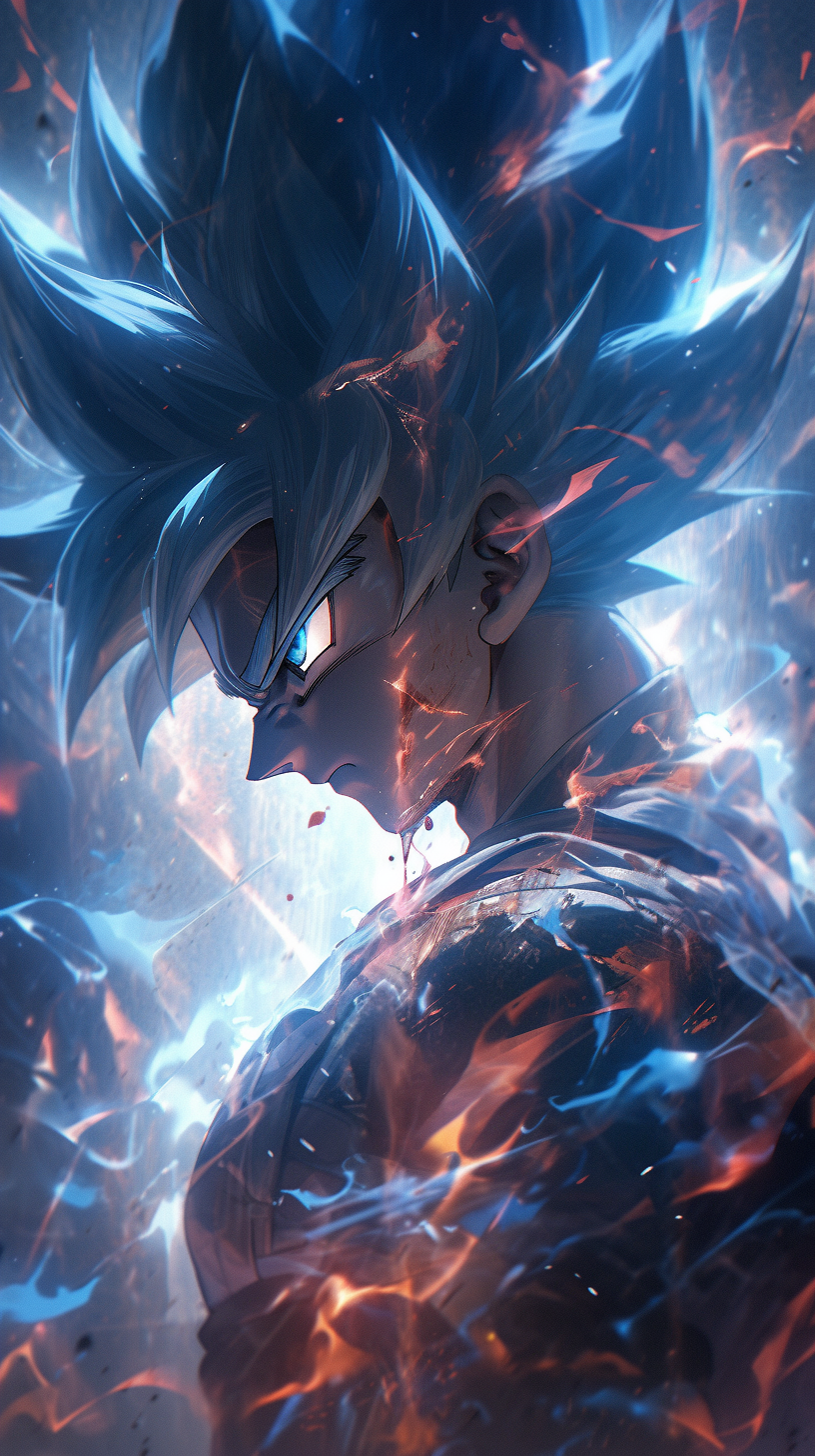 صورة مولدة بالذكاء الاصطناعي: Midjourney prompt: Goku ultra Instinct mode (نموذج Midjourney - أنمي)