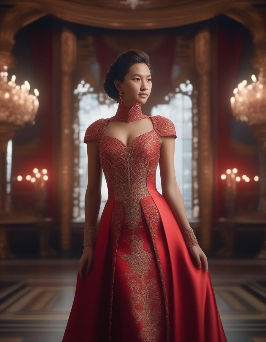 AI generated: Midjourney prompt: gorgeous woman in red dress made with rubies and s... (Midjourney - Fashion)