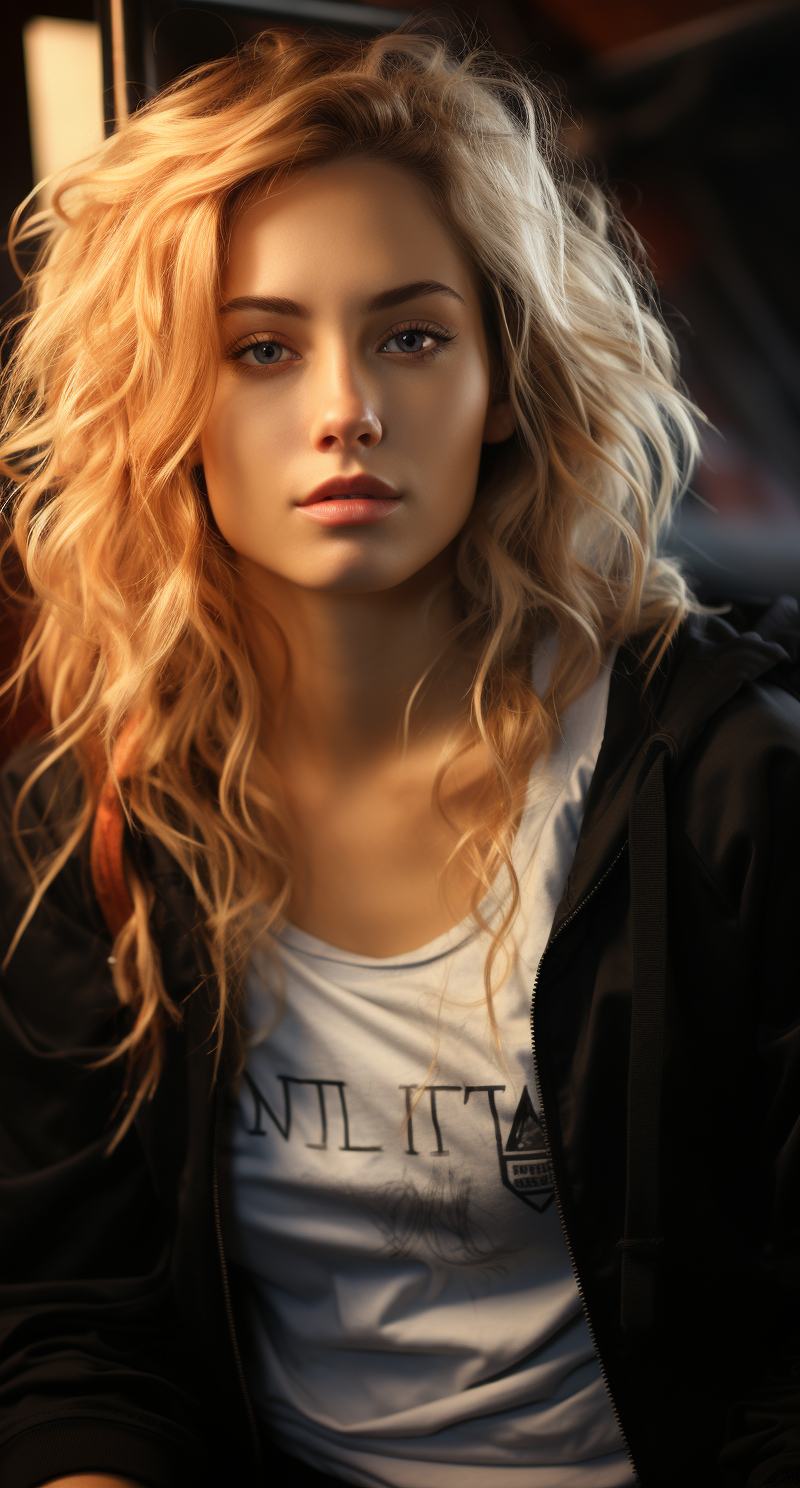 صورة مولدة بالذكاء الاصطناعي: Midjourney prompt: girl with blond hair in black and a white, in the ... (نموذج Midjourney - صور شخصية)