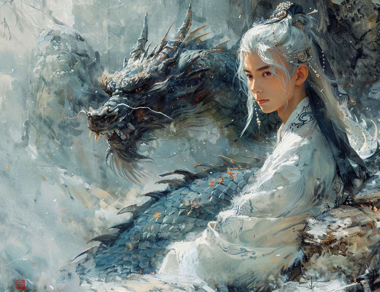 AI generated: Midjourney prompt: a Chinese boy with white hair living in a cave, a ... (Midjourney - Concept Art)