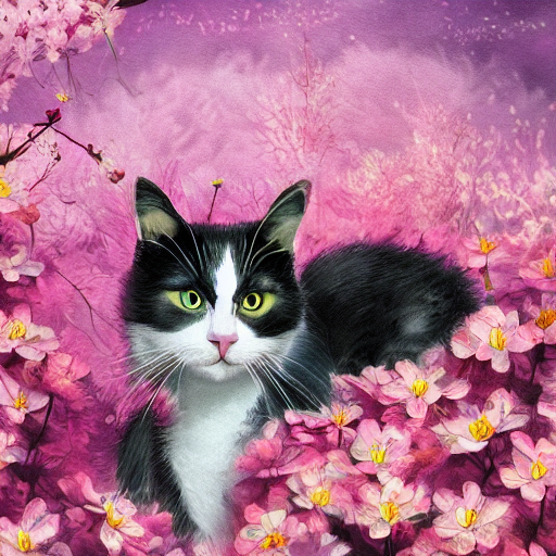 Stable Diffusion prompt: photo of a cat in the blossoming...