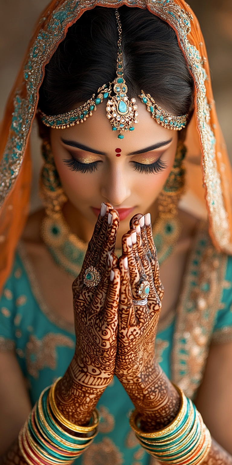 AI generated: Midjourney prompt: a beautiful Indian bride in traditional wear with ... (Midjourney - Photography)