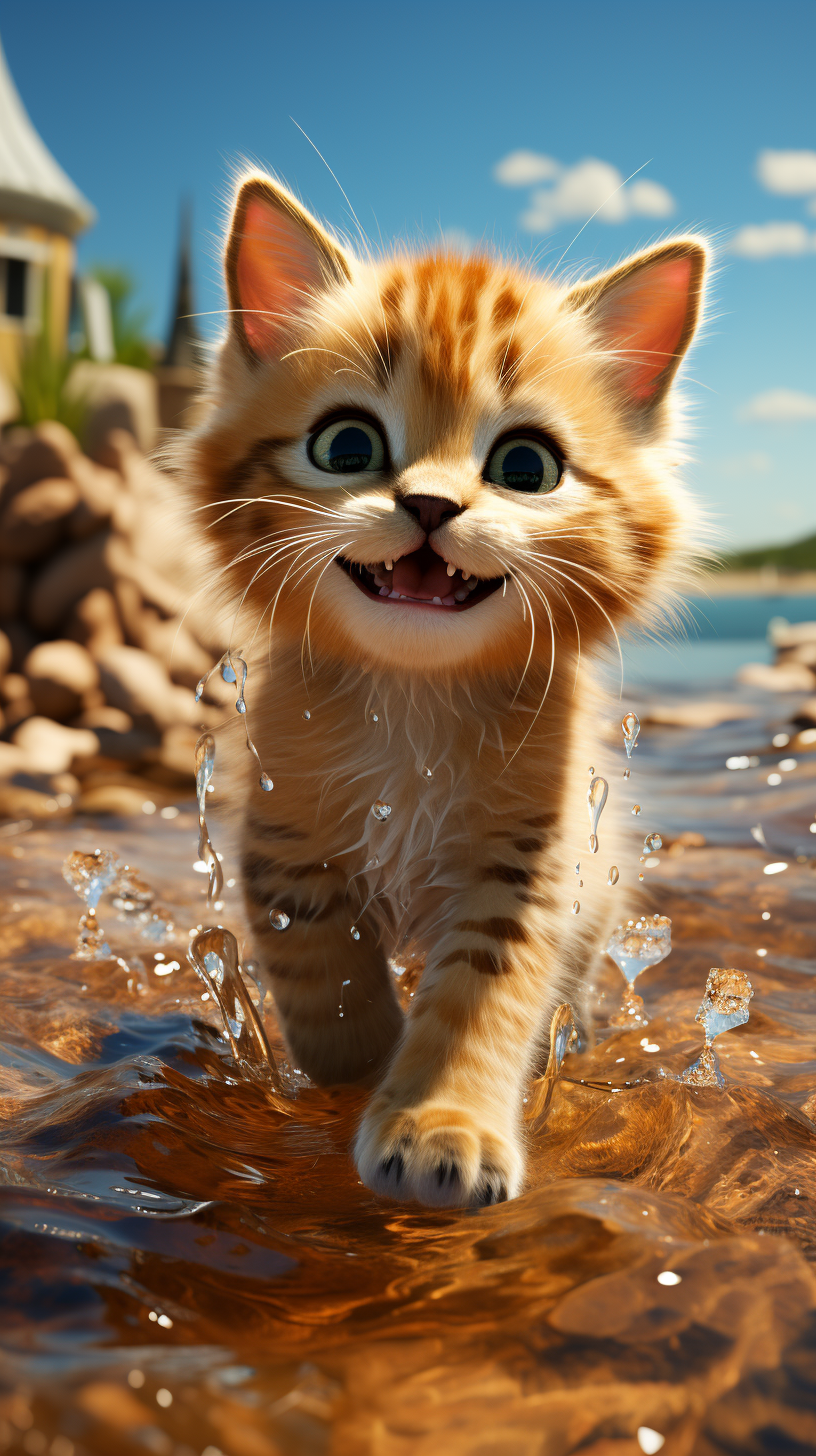 AI generated: Midjourney prompt: A Pixar 3D render of a cat exploring the beach, re... (Midjourney - Character Design)