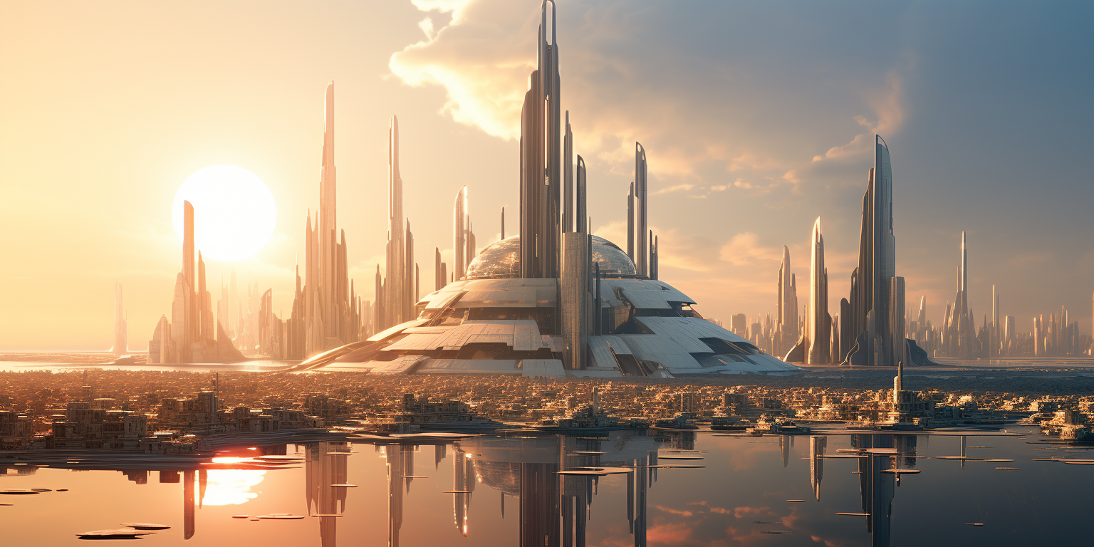 Midjourney prompt: A futuristic city with white buildings and towers ... - Midjourney