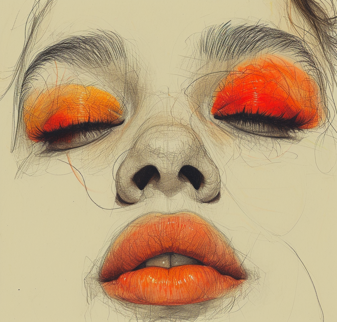 AI generated: Midjourney prompt: a drawing of a woman's face with a red eyeshadow, ... (Midjourney - Portraits)