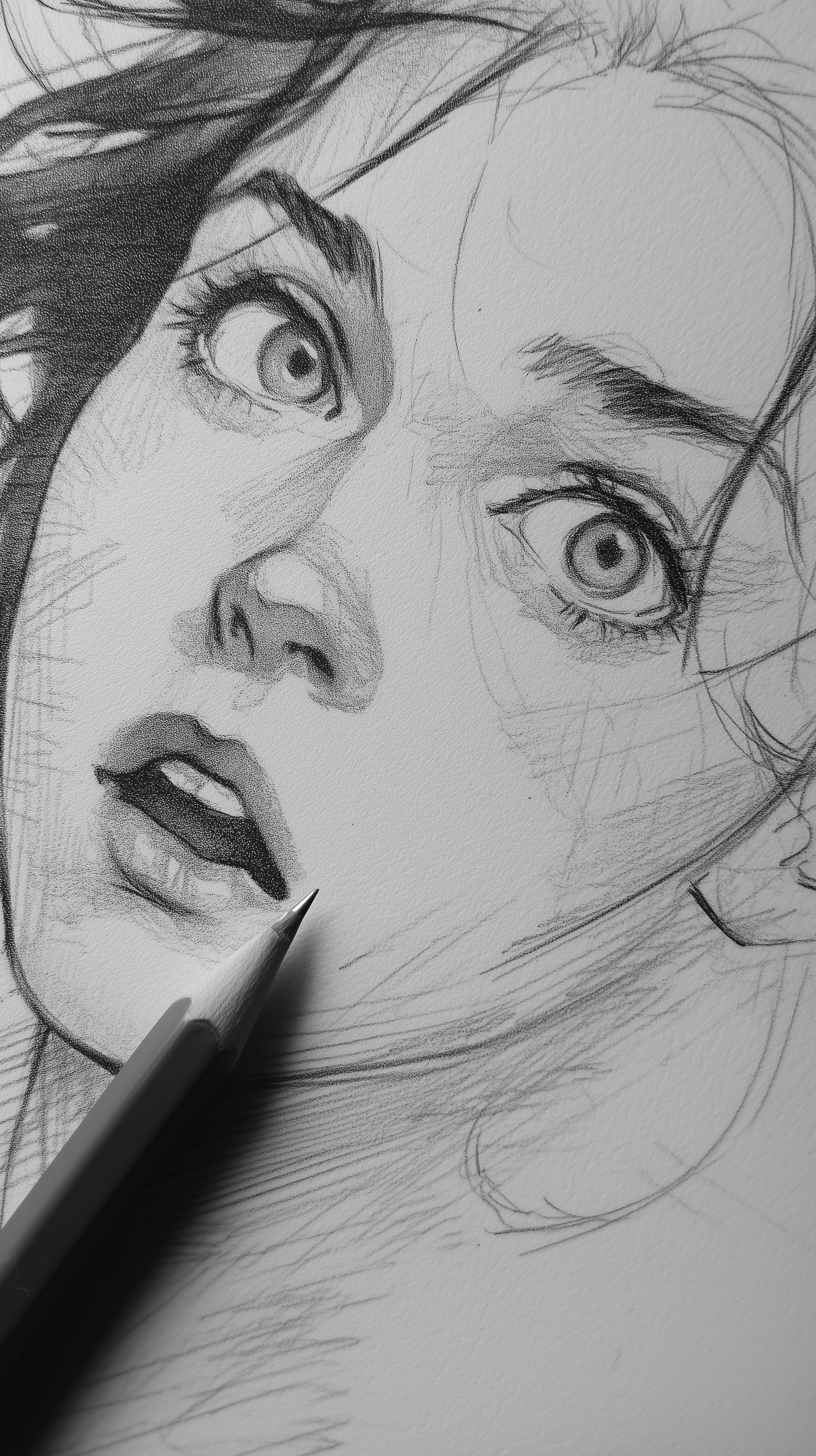 صورة مولدة بالذكاء الاصطناعي: Midjourney prompt: artistic, pencil sketch, surprised female characte... (نموذج Midjourney - فن مفاهيمي)