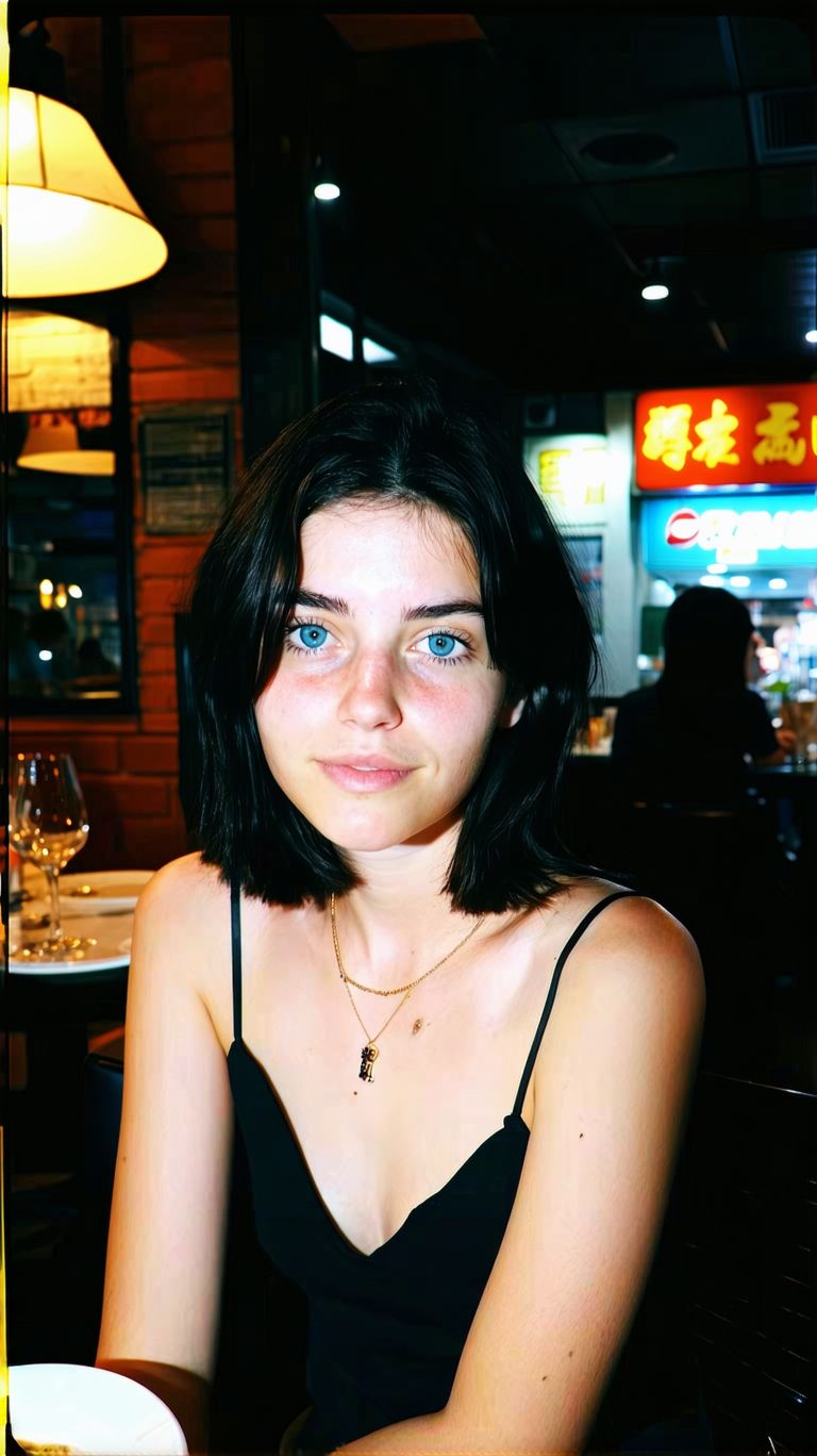 AI generated: Stable Diffusion prompt: 18-year-old woman, black hair, light blue eyes, ta... (Stable Diffusion - Portraits)