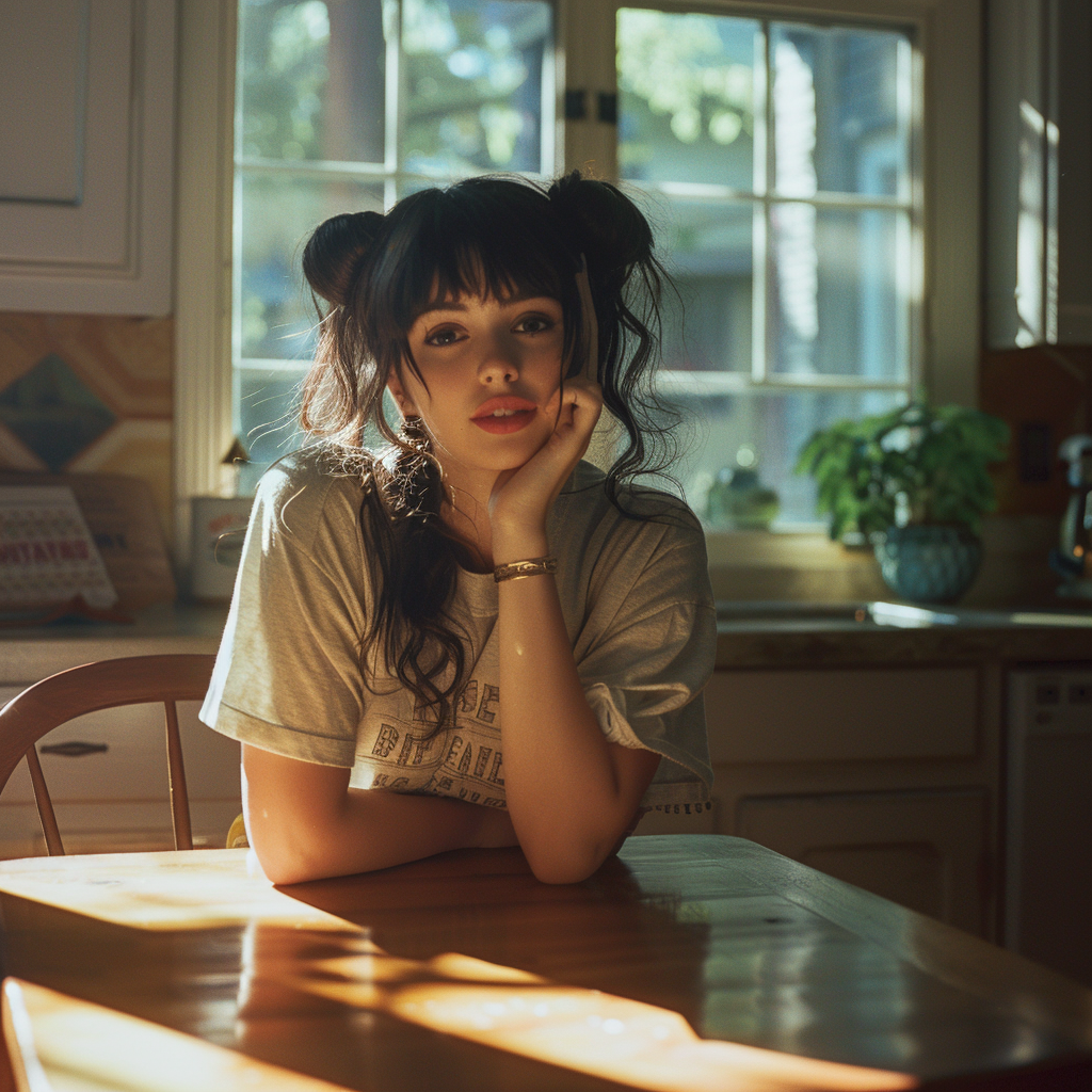 Midjourney prompt: cute woman, dark hair, bangs, messy pigtails, wear... - Midjourney