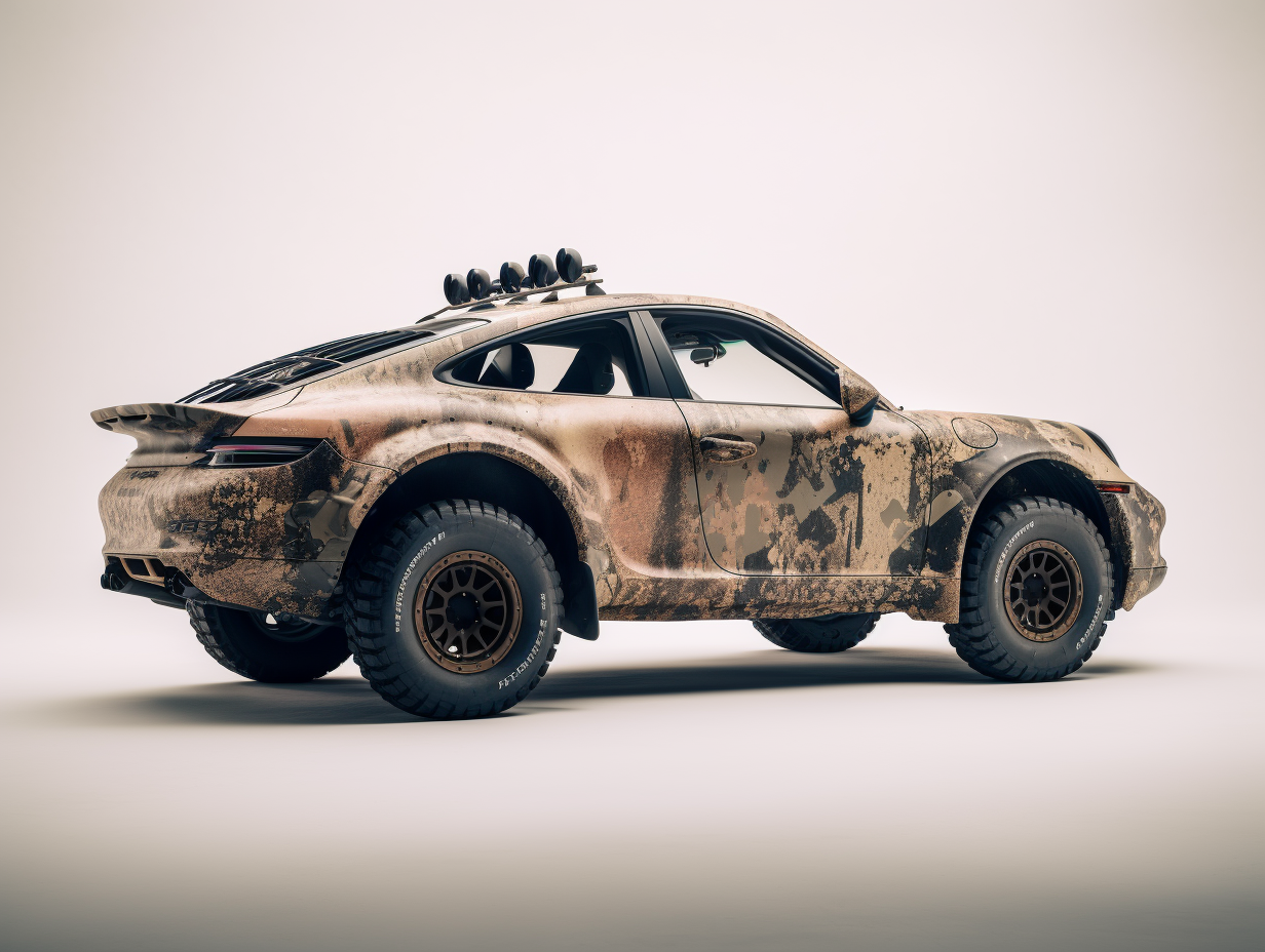 صورة مولدة بالذكاء الاصطناعي: Midjourney prompt: create an image of a Porsche 911, off-road styling... (نموذج Midjourney - مناظر طبيعية)