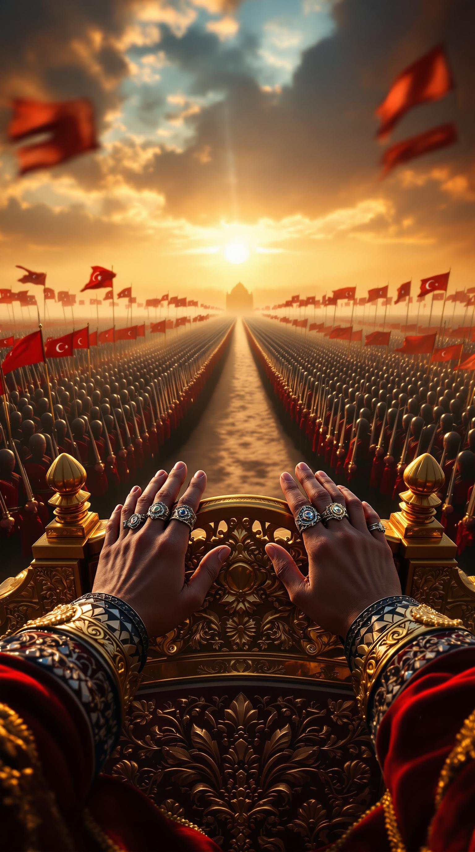 FLUX prompt: First person POV, the Sultan’s hands rest on the g... - FLUX