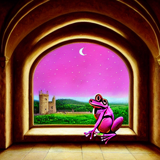 Stable Diffusion prompt: Giant Pink frog in a medieval Ro...