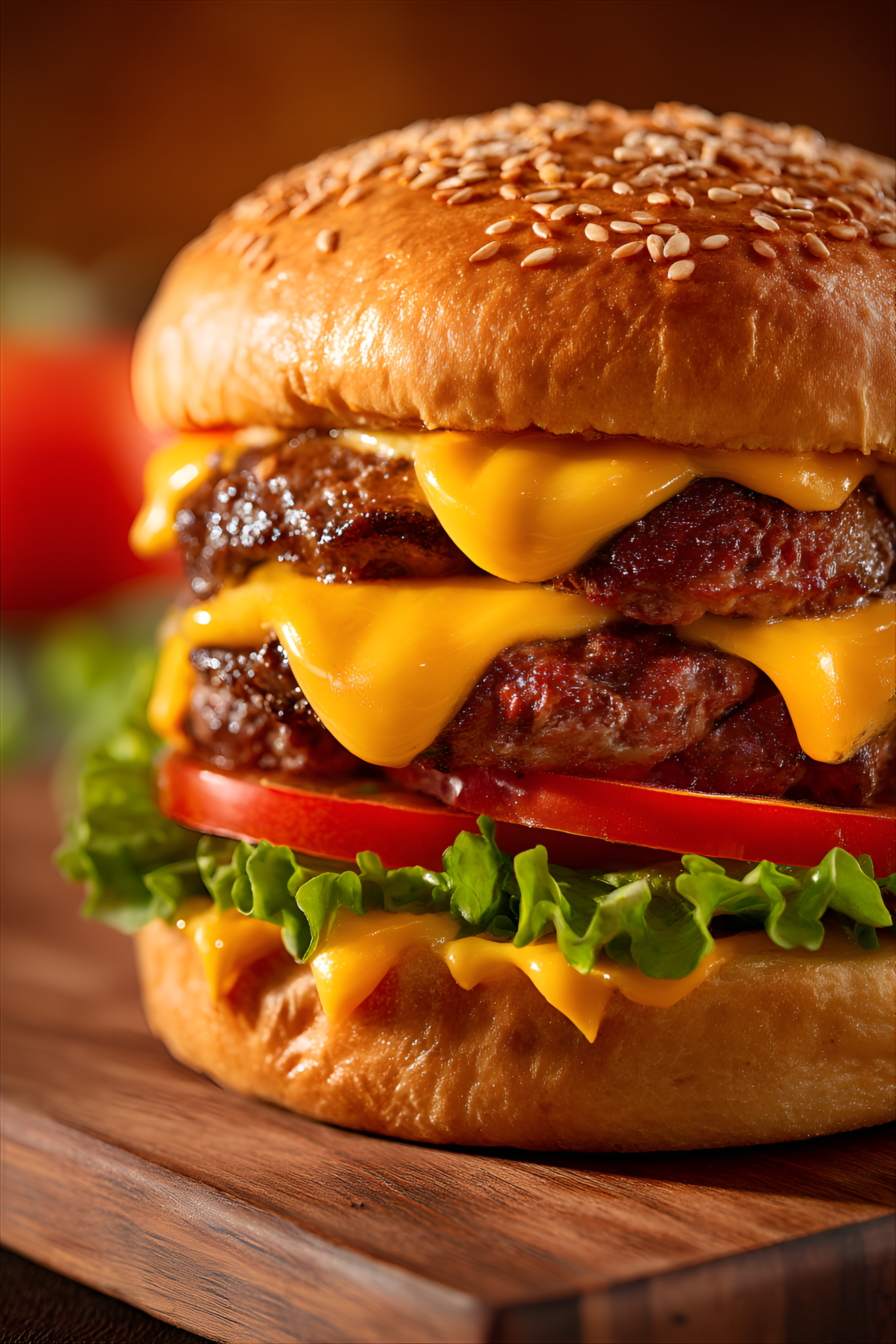 صورة مولدة بالذكاء الاصطناعي: Midjourney prompt: Close-up double cheeseburger, golden-brown sesame ... (نموذج Midjourney - صور شخصية)