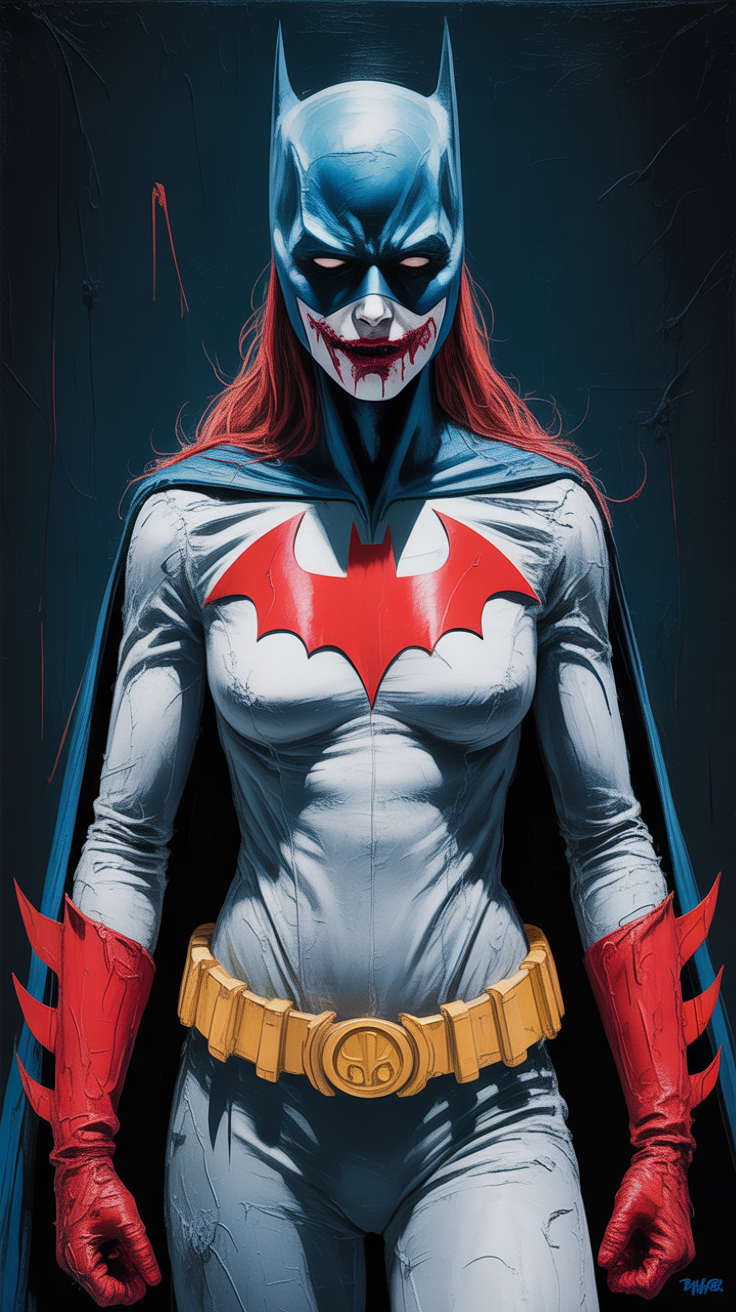 صورة مولدة بالذكاء الاصطناعي: FLUX prompt: A corrupted or Joker-like version of Batgirl. (نموذج FLUX - فن مفاهيمي)