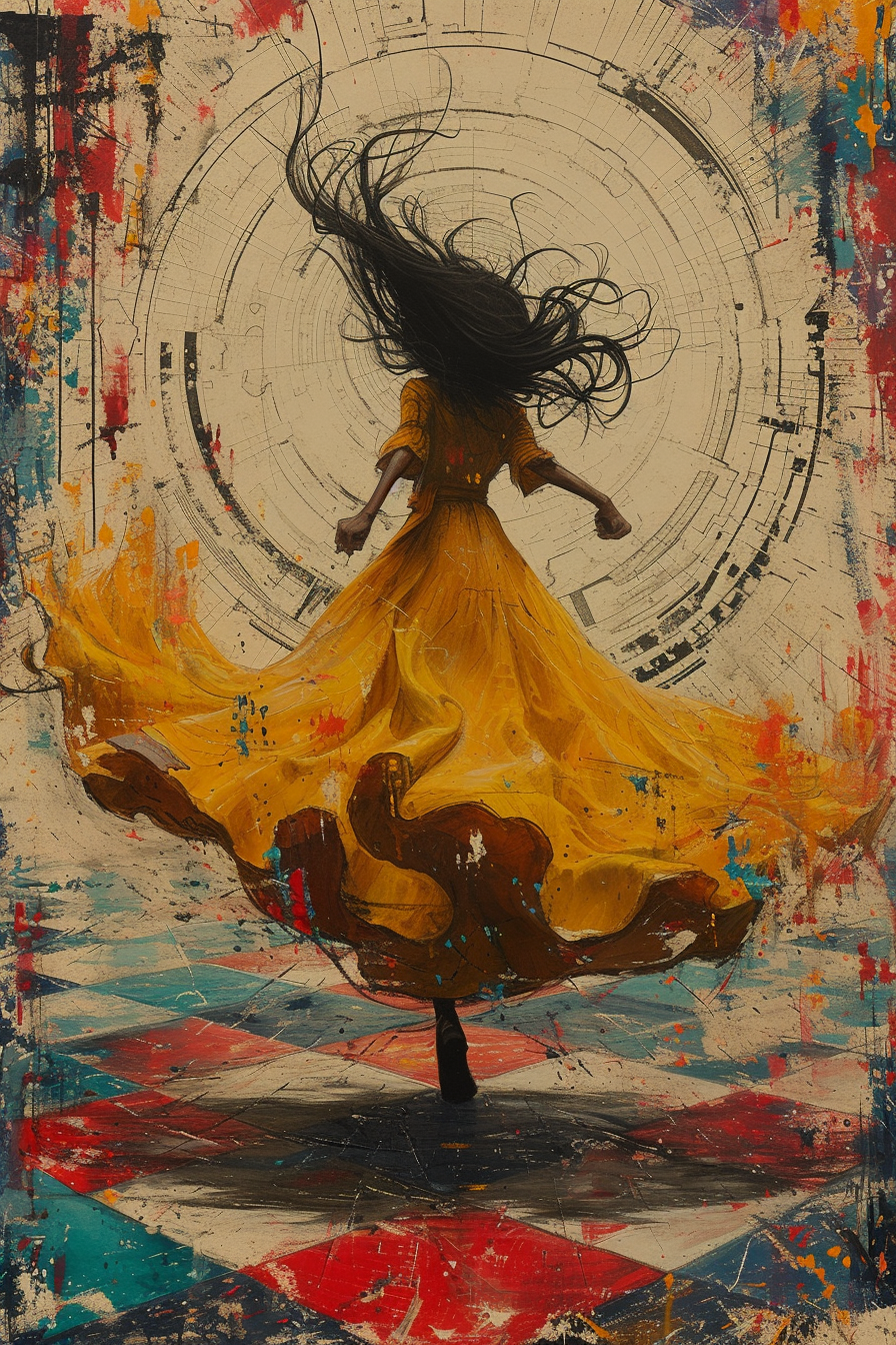 Midjourney prompt: a girl in a yellow dress dances on a checkered flo... - Midjourney