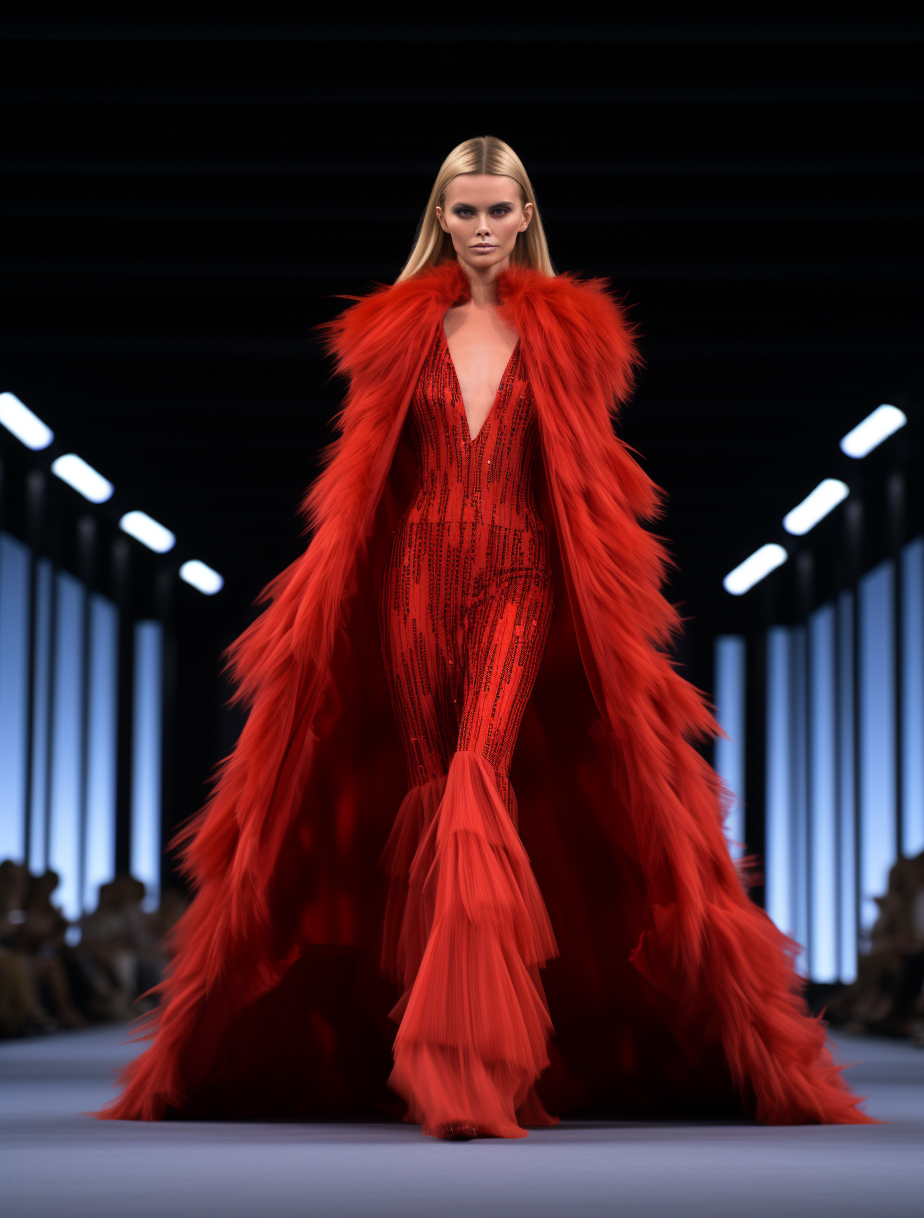 AI generated: Midjourney prompt: a woman in a red dress walking down a runway, fur ... (Midjourney - Fashion)