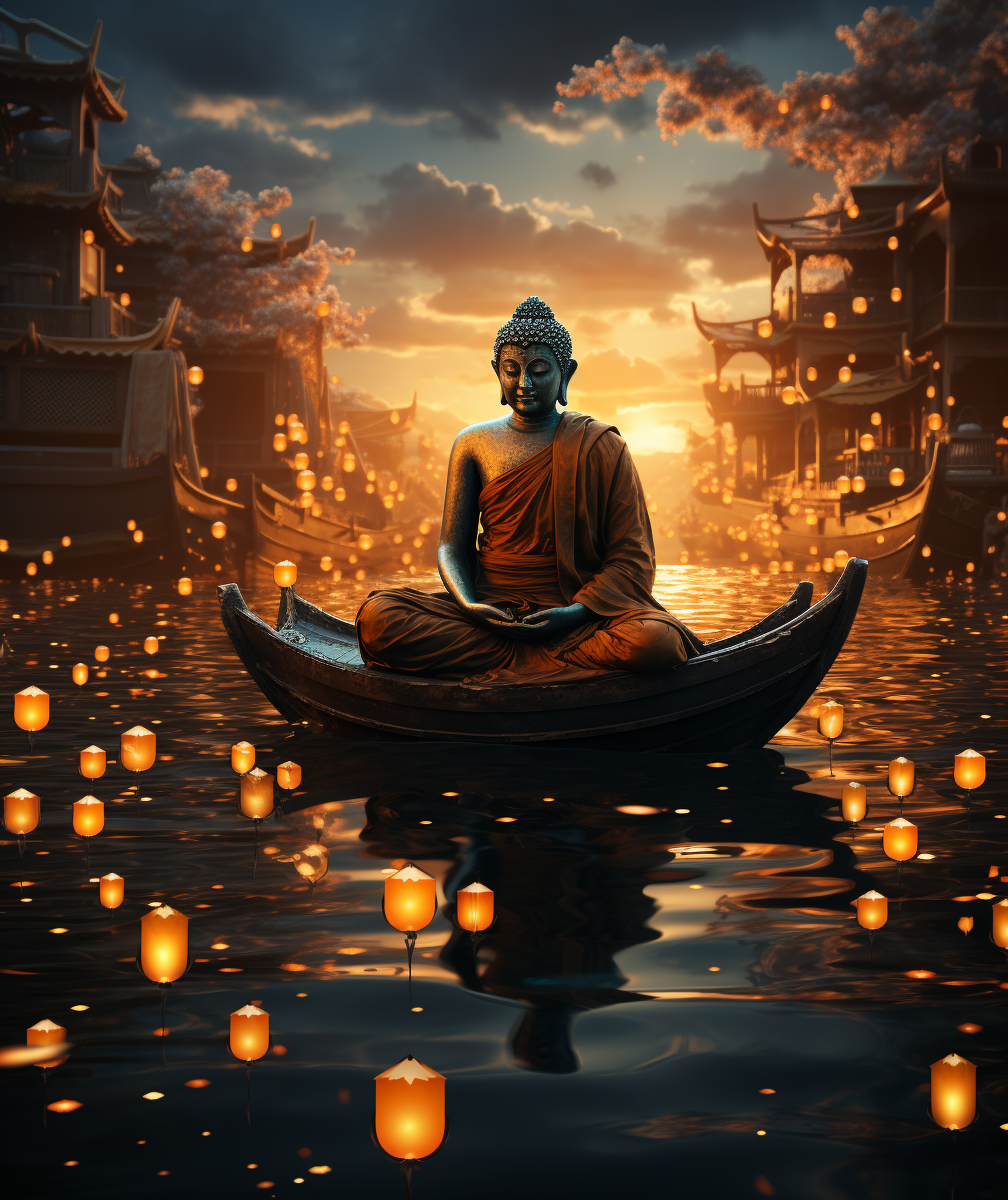 AI generated: Midjourney prompt: beautiful golden image of buddha sitting in water ... (Midjourney - Concept Art)