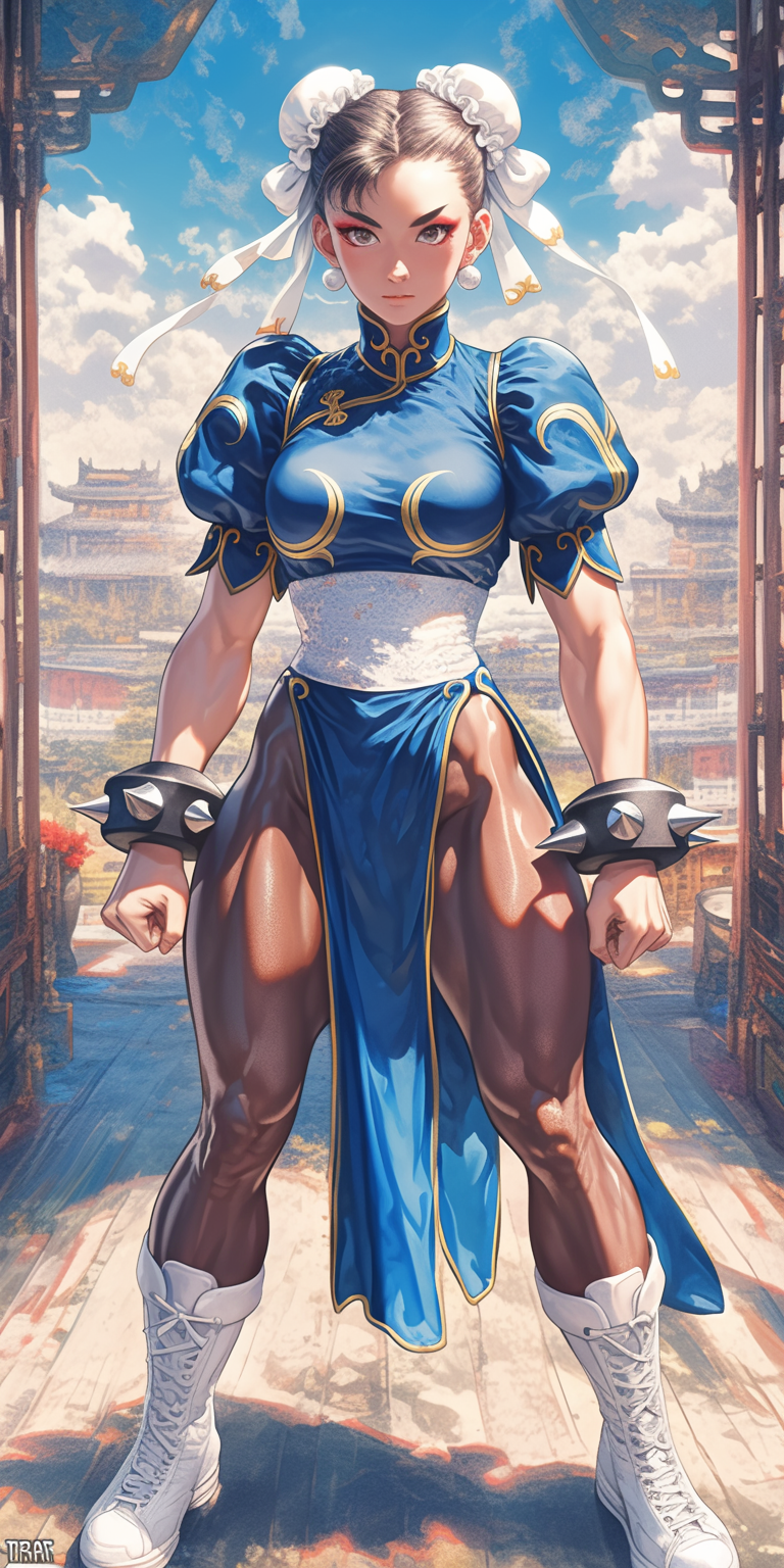 AI generated: Midjourney prompt: Chun-Li, Street Fighter, blue and white outfit wit... (Midjourney - Anime)