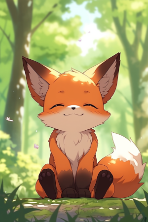 AI generated: Midjourney prompt: Pose of an anime shy fox cub, orange fluffy tail a... (Midjourney - Anime)
