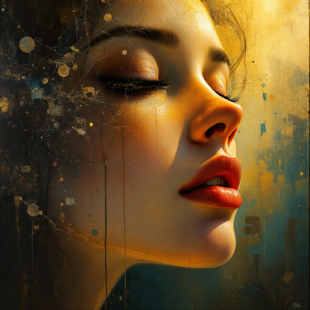 FLUX prompt: A surreal oil painting of a person's face in...