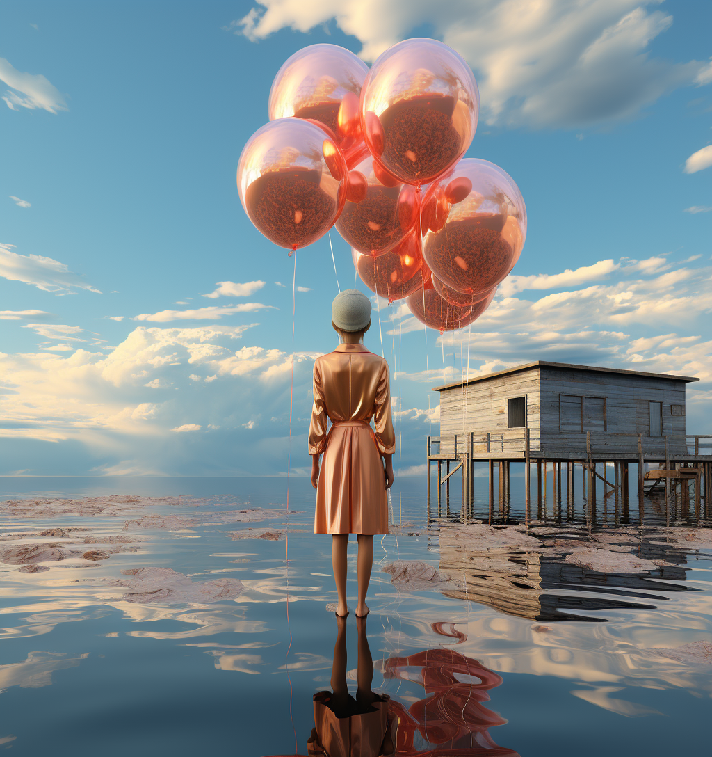 Midjourney prompt: a woman in a pink foil in front of a dock, in the ... - Midjourney