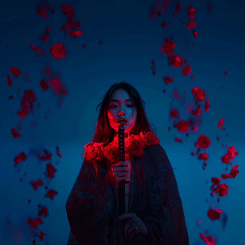 صورة مولدة بالذكاء الاصطناعي: Midjourney prompt: Asian girl looks half-front, long wavy hair, neon ... (نموذج Midjourney - تصوير فوتوغرافي)