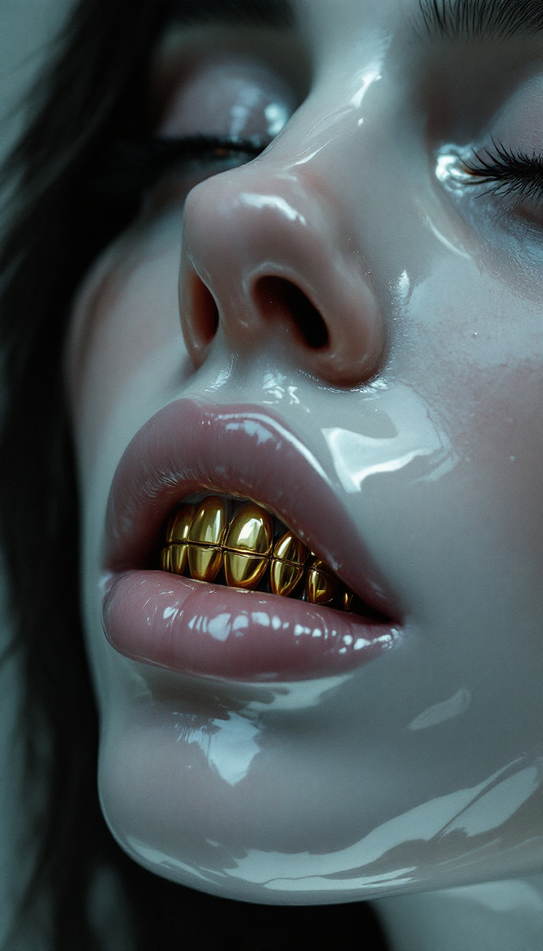 FLUX prompt: a woman with a large jaw and gold teeth, in the st... - FLUX