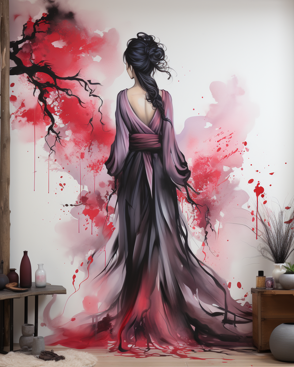 صورة مولدة بالذكاء الاصطناعي: Midjourney prompt: geisha woman in ink on white matte vinyl wall stic... (نموذج Midjourney - صور شخصية)