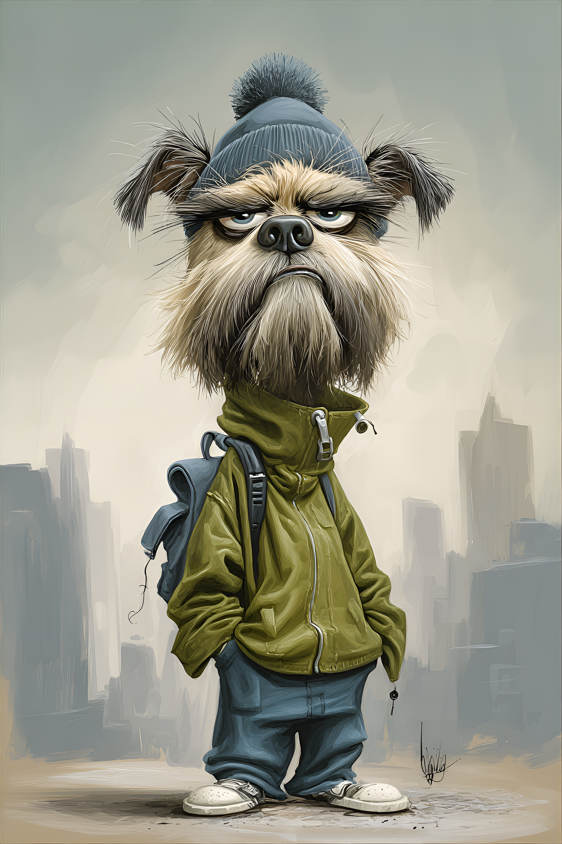 AI generated: Midjourney prompt: funny caricature, grumpy urban dog, male, 7 years ... (Midjourney - Animals & Nature)