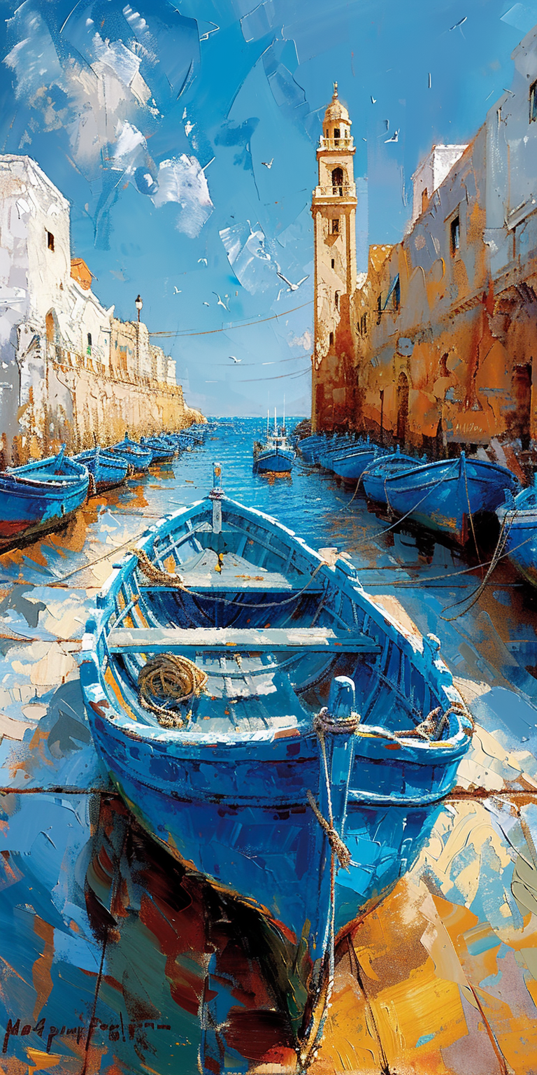 AI generated: Midjourney prompt: boukaabka port, blue fishing boats a city scene, i... (Midjourney - Concept Art)