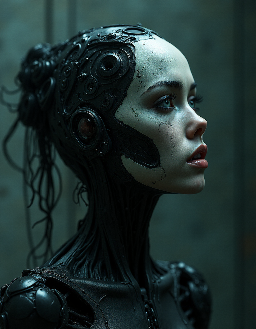 AI generated: FLUX prompt: dark shot, ethereal semi-ghost woman, biomechanica... (FLUX - Portraits)