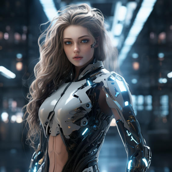 AI generated: Midjourney prompt: a cyber-girl, very beautiful with long hairs, eleg... (Midjourney - Character Design)