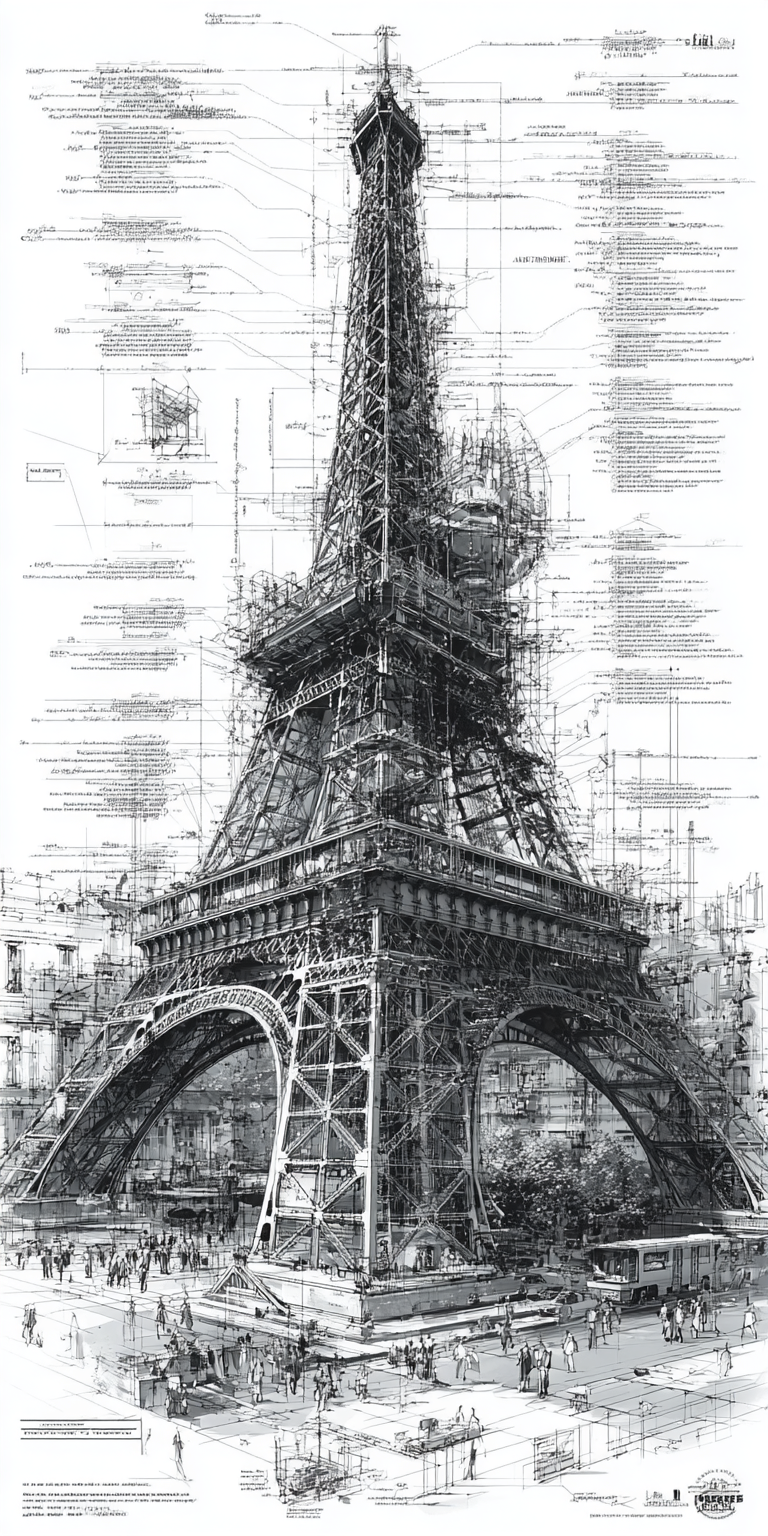 AI generated: Midjourney prompt: Diagramatic drawing of the structure of the Eiffel... (Midjourney - Concept Art)