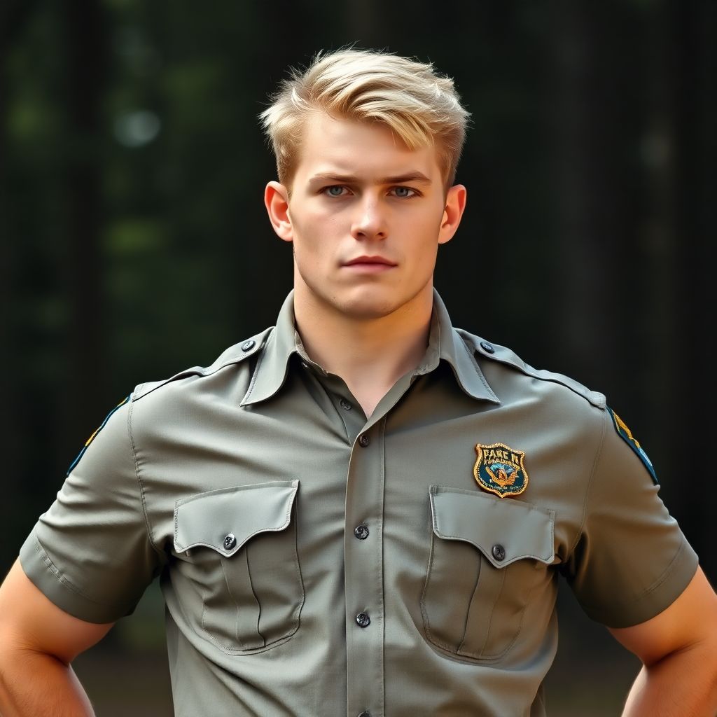 Well Body Ranger FLUX prompt: A young blond male park ranger wearing range...