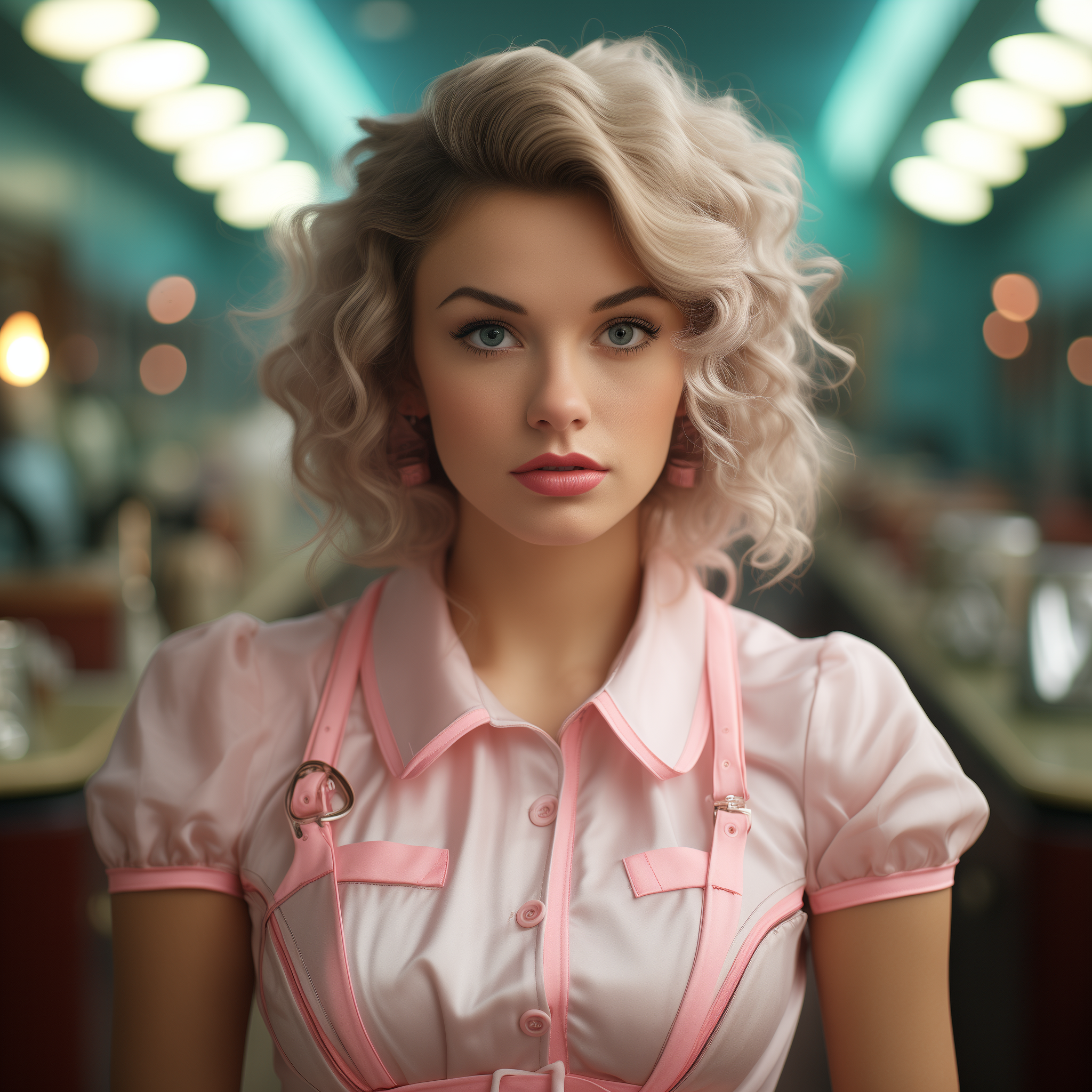 AI generated: Midjourney prompt: A 1950's diner waitress mixed with alien hybrid, s... (Midjourney - Concept Art)