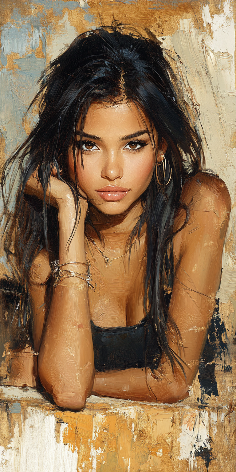Midjourney prompt: a woman with long black hair in a gold painting, i... - Midjourney