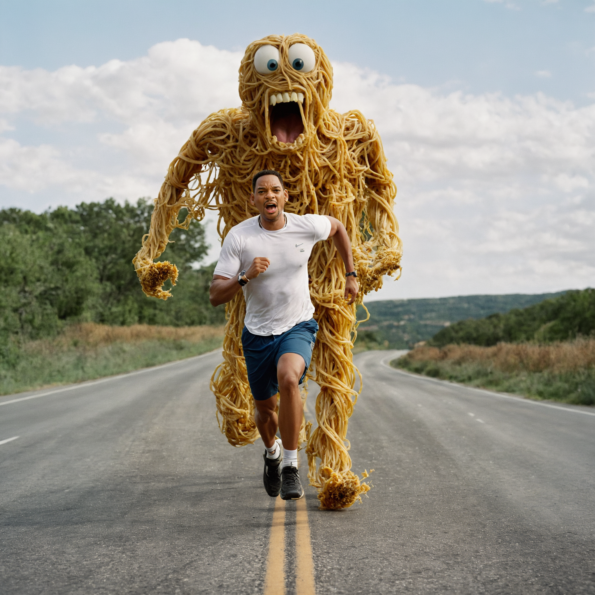 صورة مولدة بالذكاء الاصطناعي: Stable Diffusion prompt: Realistic photo of (Will Smith), (running on the r... (نموذج Stable Diffusion - صور شخصية)