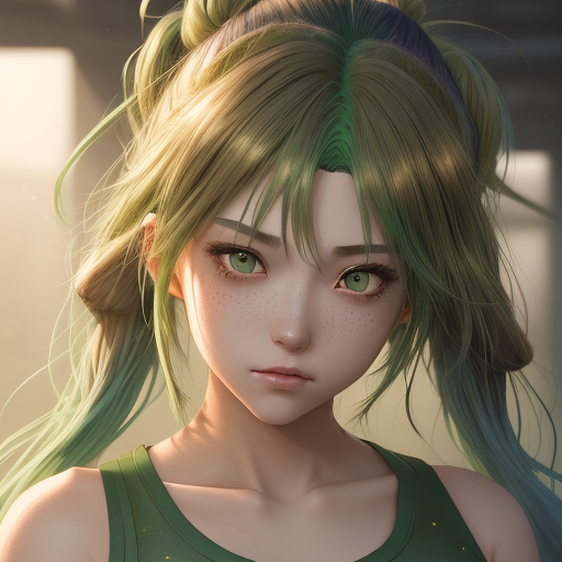 DreamShaper prompt: girl with green hair highlights in ta...