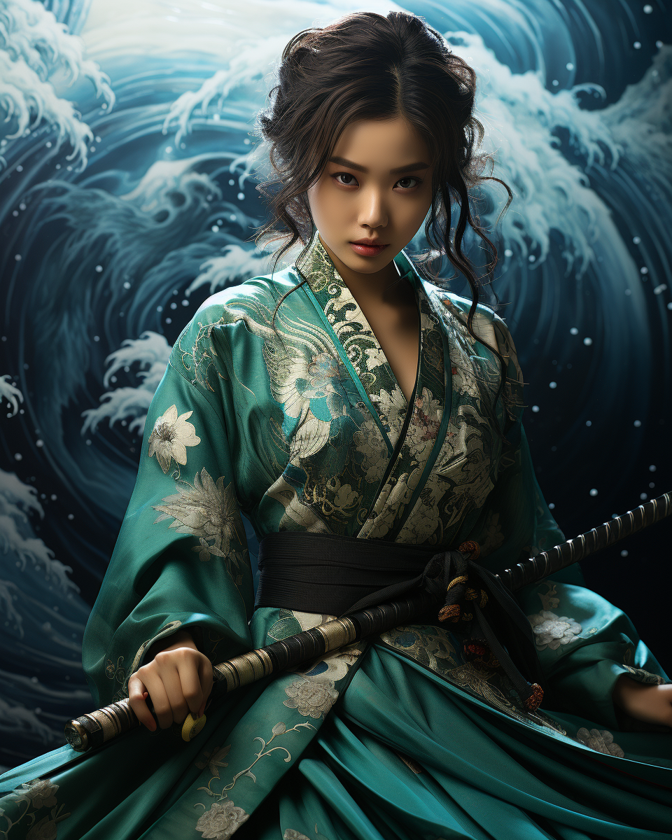 AI generated: Midjourney prompt: a female in green kimono holding her sword in, in ... (Midjourney - Portraits)