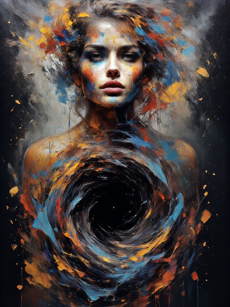 AI generated: FLUX prompt: A terrified woman stares downward at a void in the... (FLUX - Character Design)