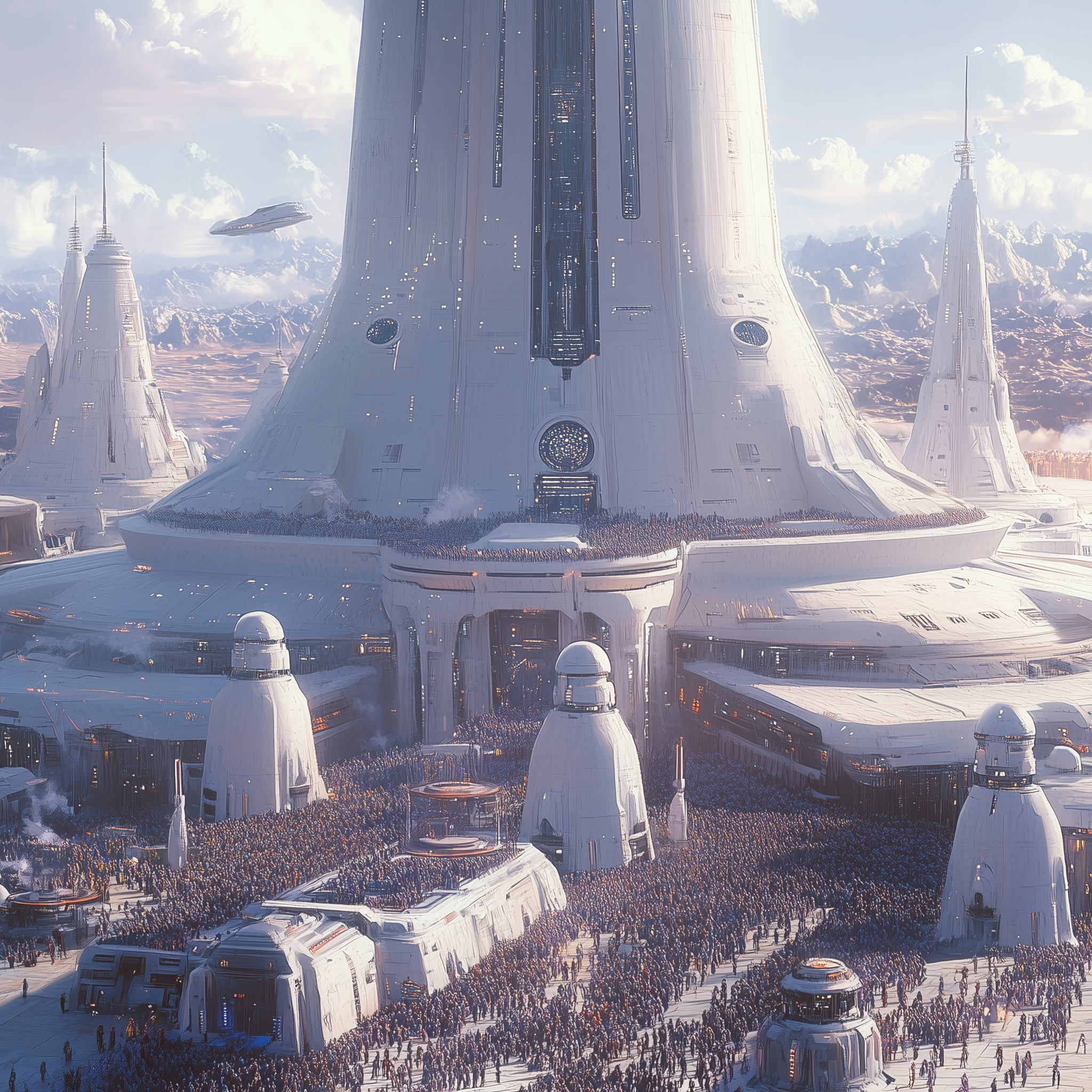Midjourney prompt: A futuristic spaceport with people and spaceships,... - Midjourney