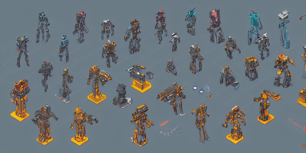 Stable Diffusion prompt: isometric mecha character design...