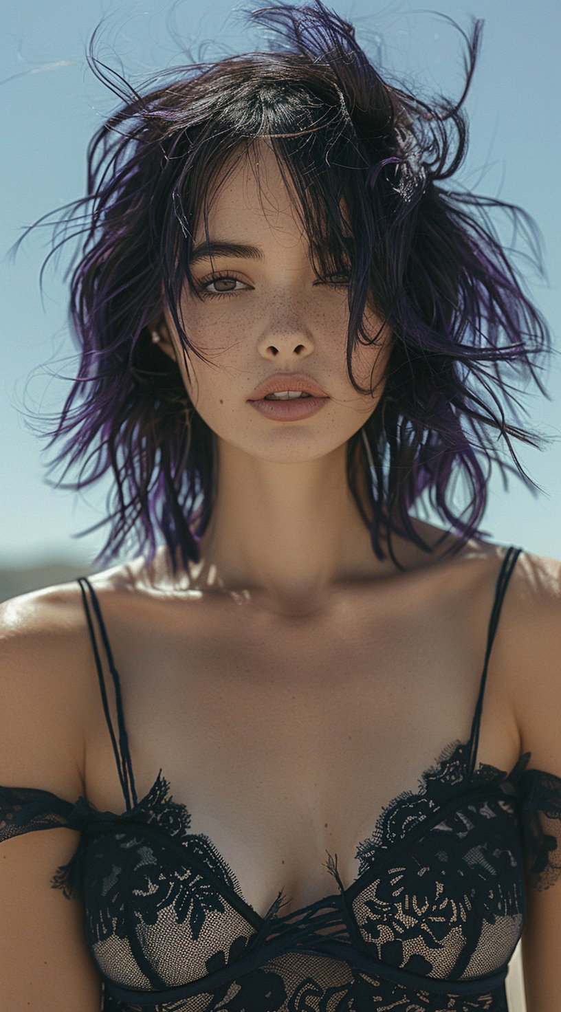 Midjourney prompt: a photo of the most beautiful woman with purple ha... - Midjourney